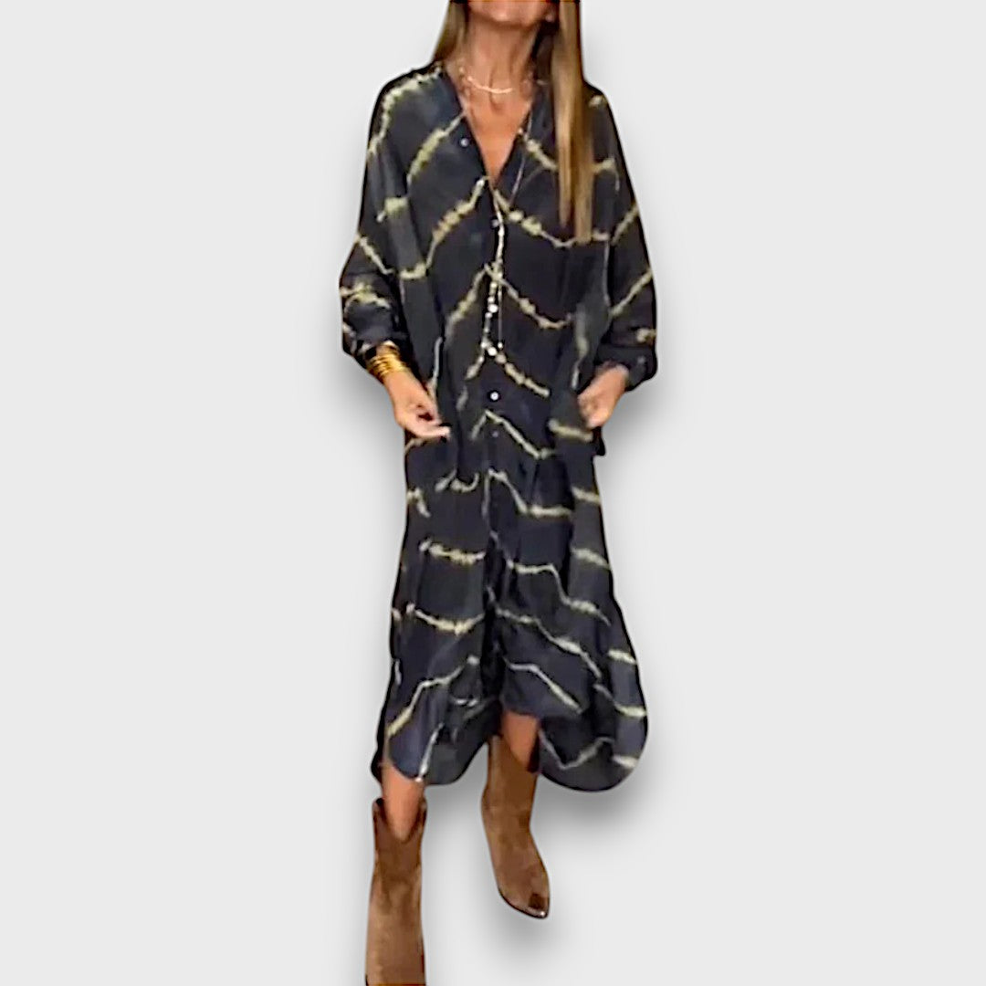 Maxi Tie-Dye Dress with Buttons and Long Sleeves