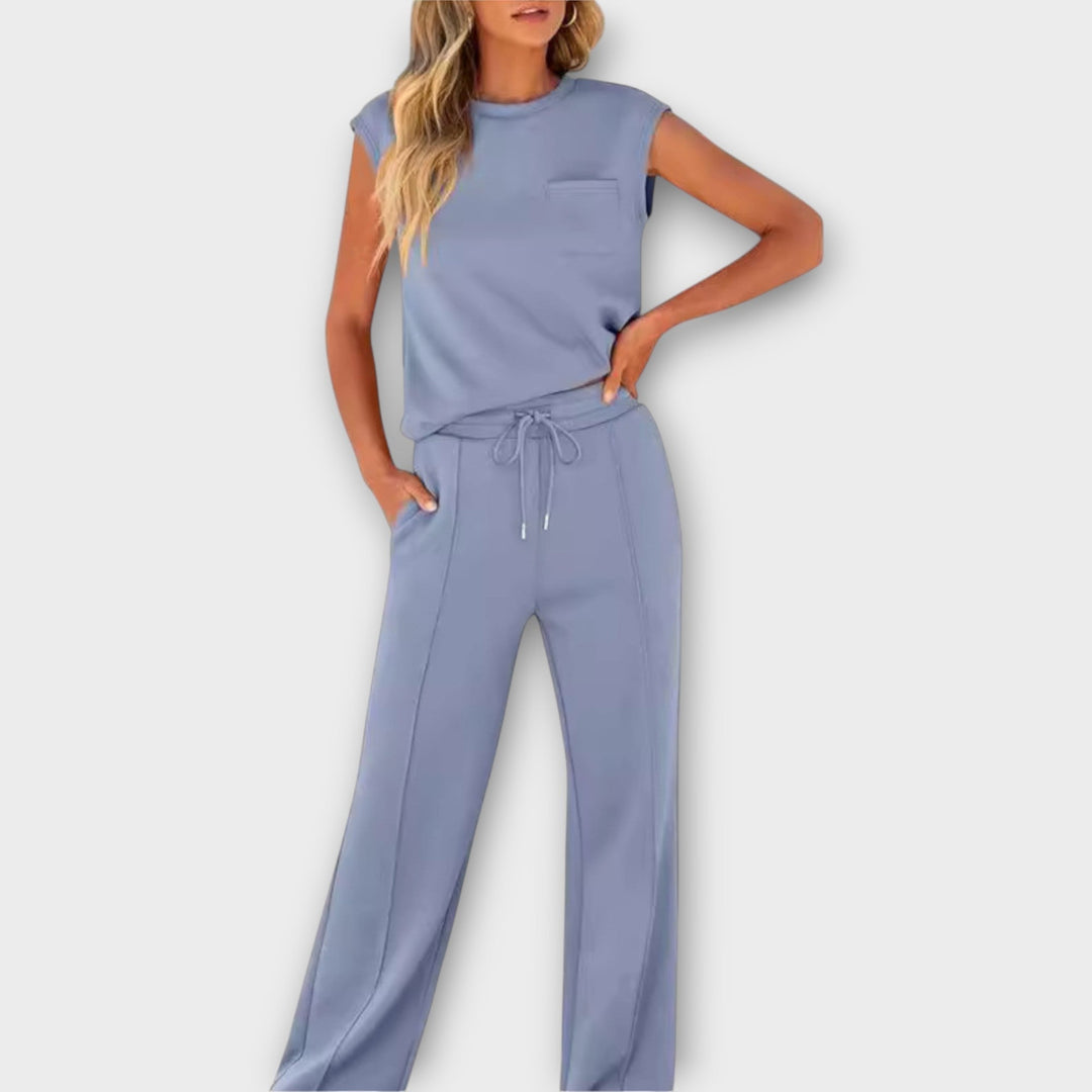 Sleeveless Blouse and Pants Set with Drawstring
