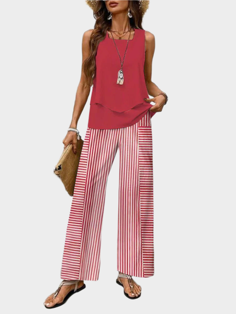 Summer Set with Sleeveless Top and Leaf Print Pants