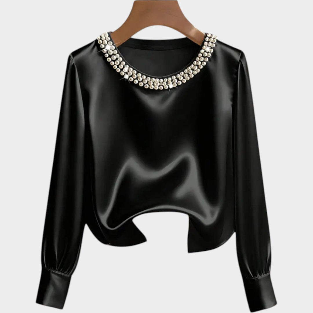 Satin Pearl-Trim Blouse