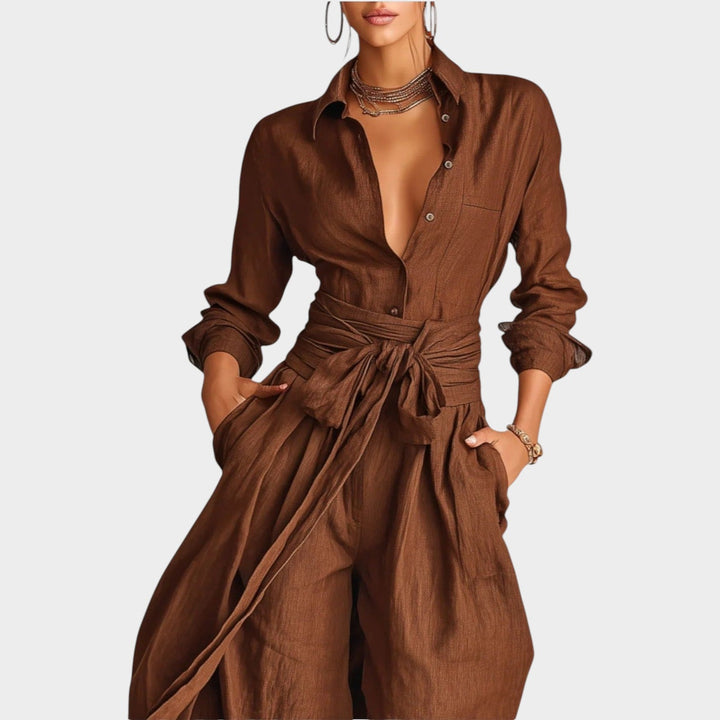 Belted Wide-Leg Shirt Jumpsuit
