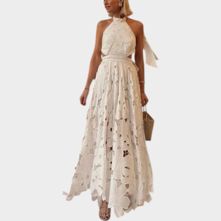 Halter Neck Floral Lace Maxi Dress