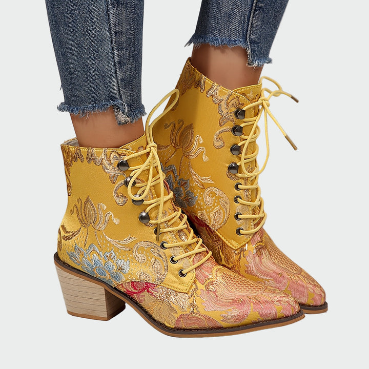 Floral Embellished Leather Ankle Boots