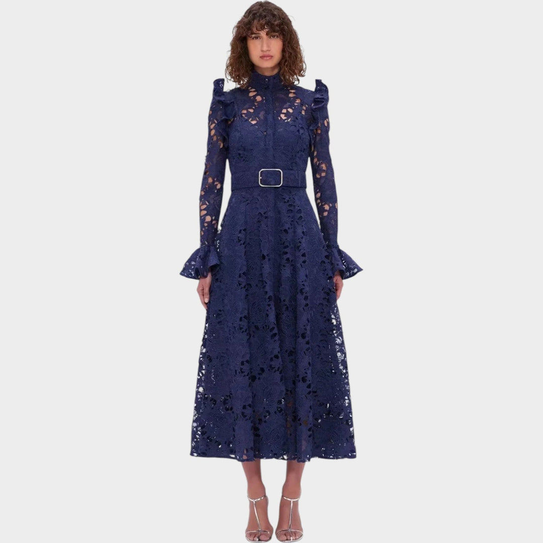 High Neck Belted Lace Midi Dress