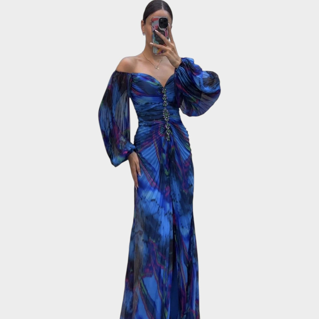 Ruched Long-Sleeve Split Maxi Dress