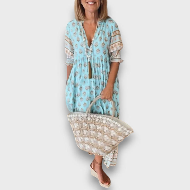 Airy Boho Dress with 3/4 Sleeves and Laced Neckline