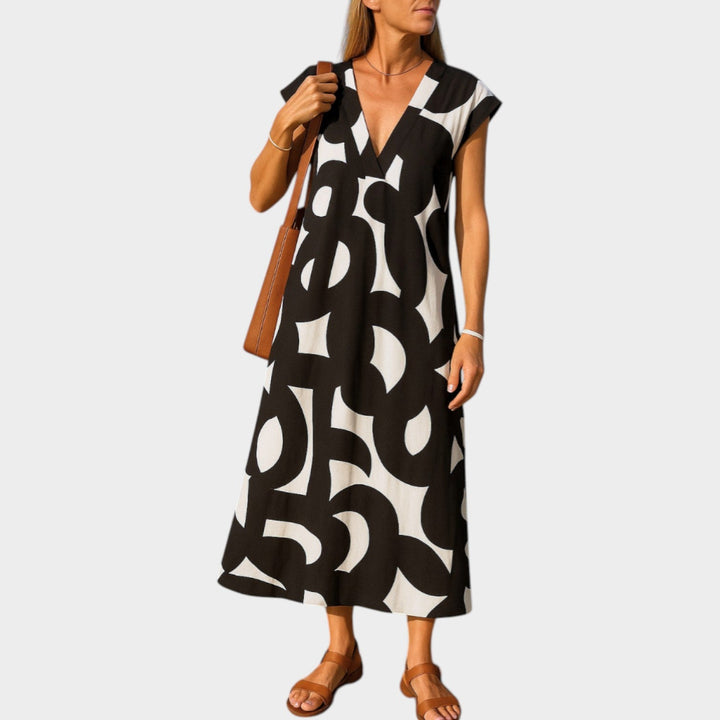 Abstract Print V-Neck Midi Dress