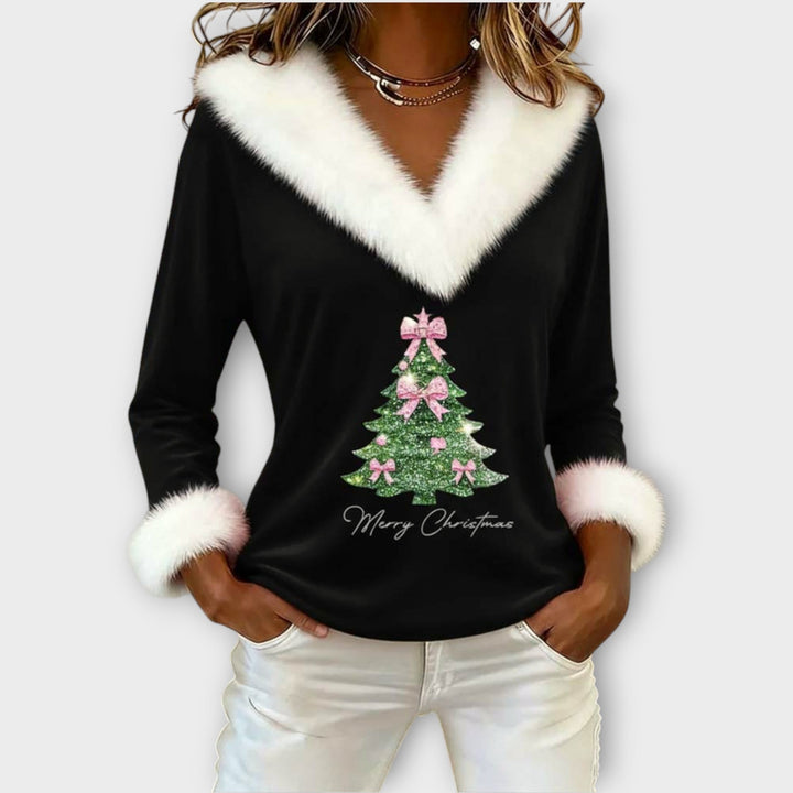 Festive Fur-Trim V-Neck Top for Christmas