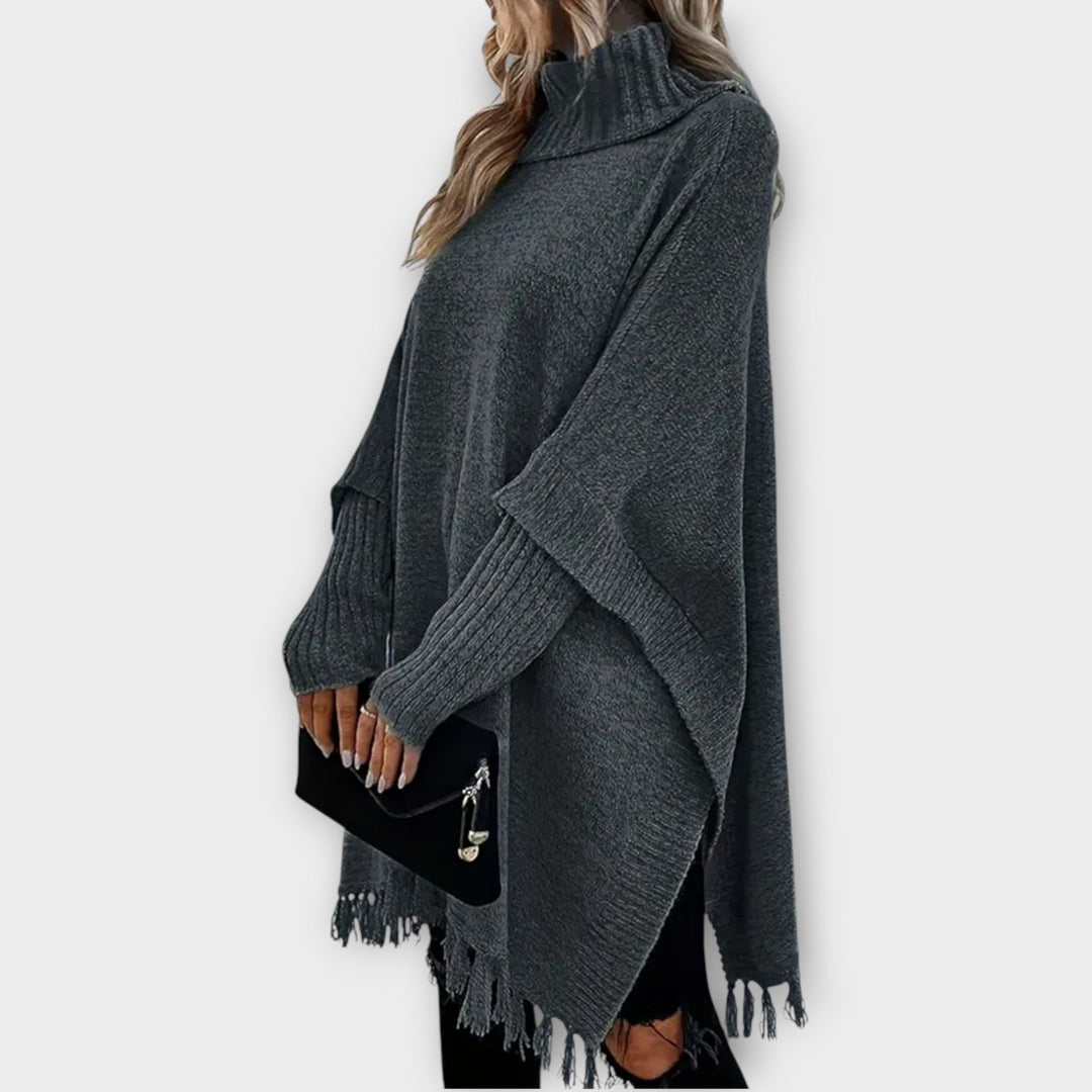 Fringed Oversized Turtleneck Poncho Sweater