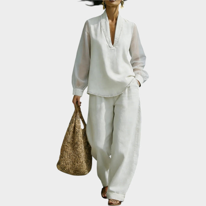 Minimalist V-Neck Two-Piece Set with Mesh Sleeves
