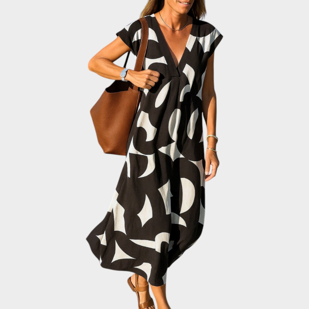 Abstract Print V-Neck Midi Dress