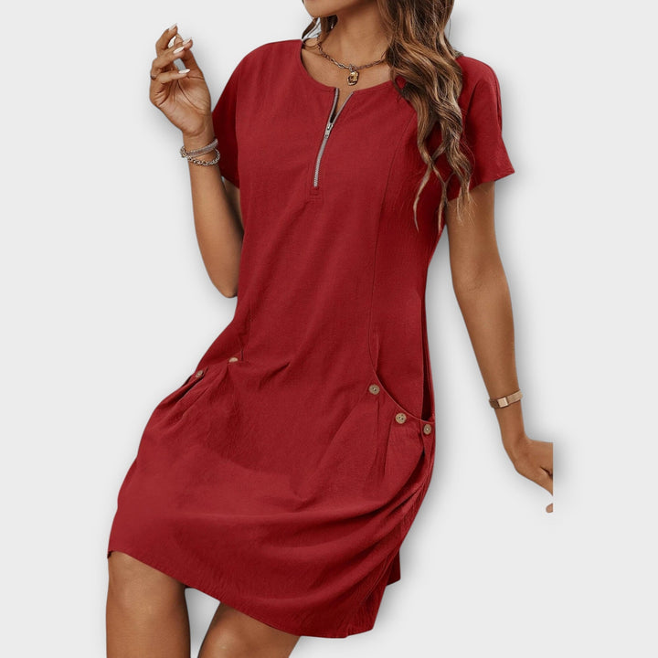 Mini Dress with Short Sleeves and Zipper at the Décolletage