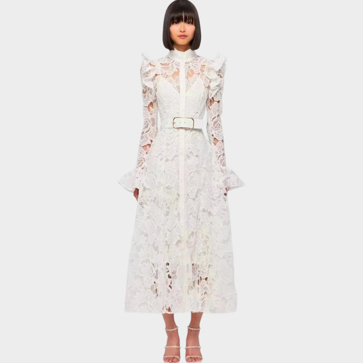 High Neck Belted Lace Midi Dress