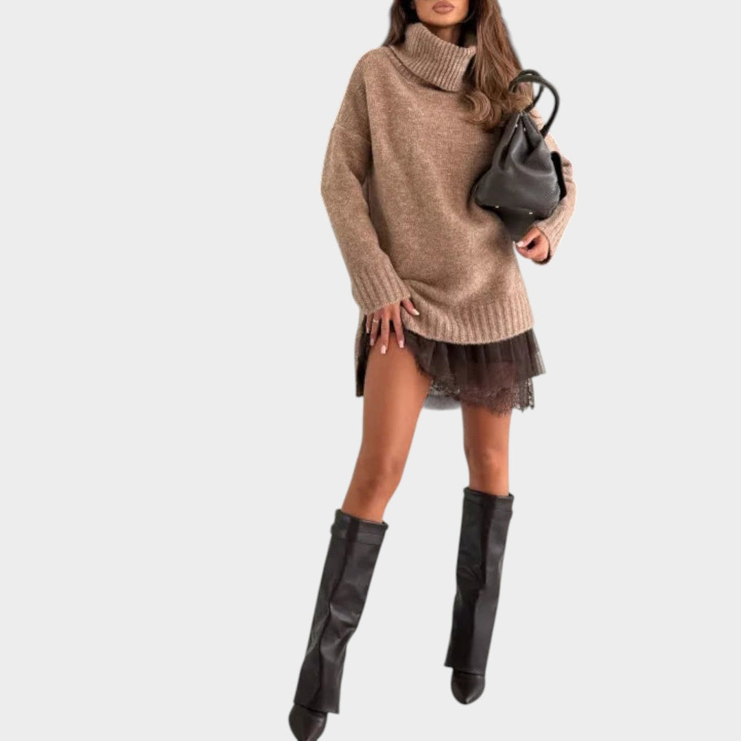 Chunky Knit Sweater Dress Featuring a Lace Hem