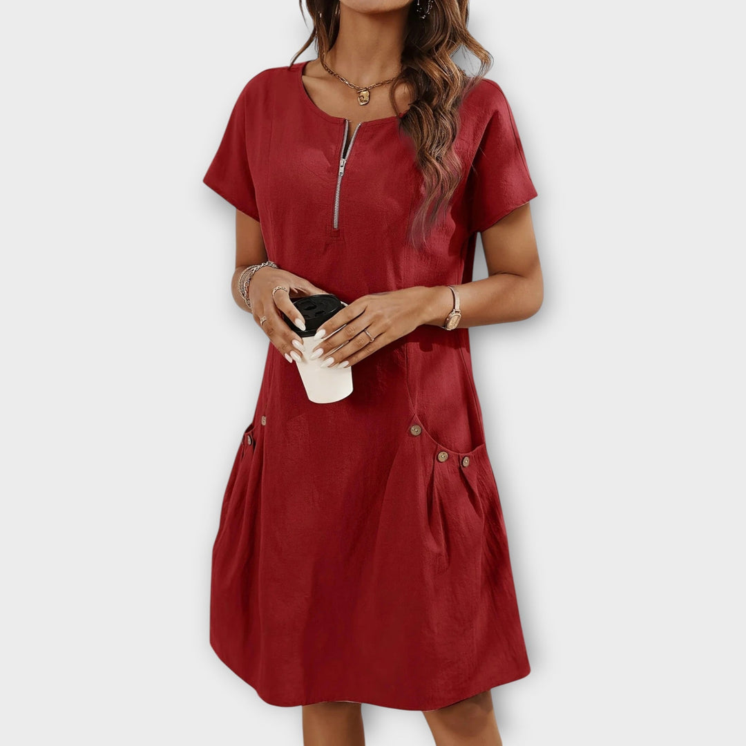 Mini Dress with Short Sleeves and Zipper at the Décolletage
