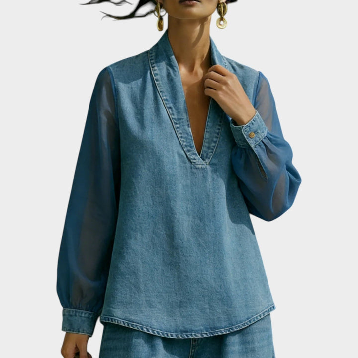 Minimalist V-Neck Two-Piece Set with Mesh Sleeves