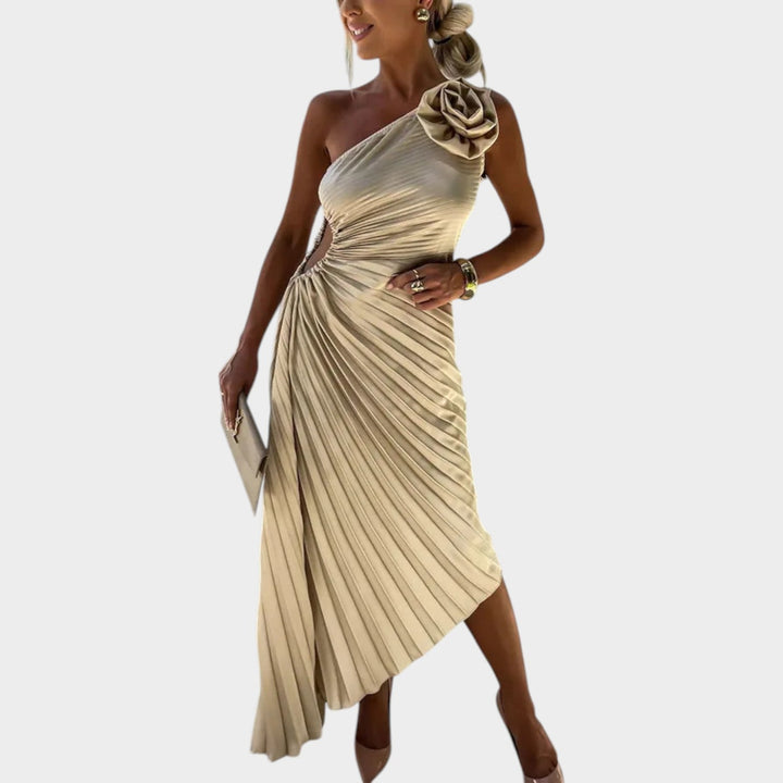 One-Shoulder Pleated Satin Dress