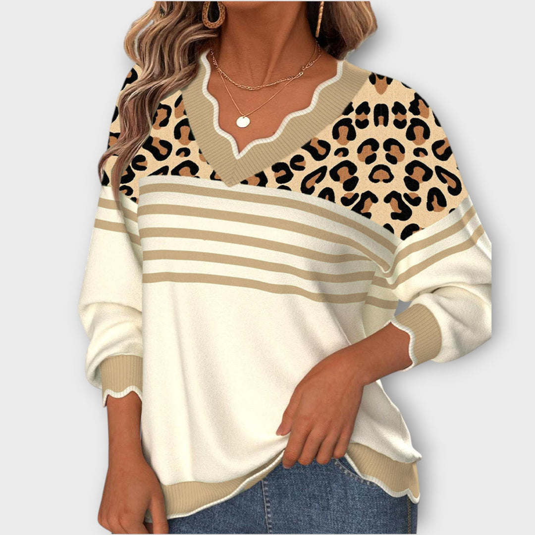 V-Neck Sweater with Leopard Knit Design