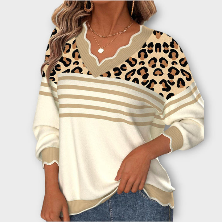 V-Neck Sweater with Leopard Knit Design