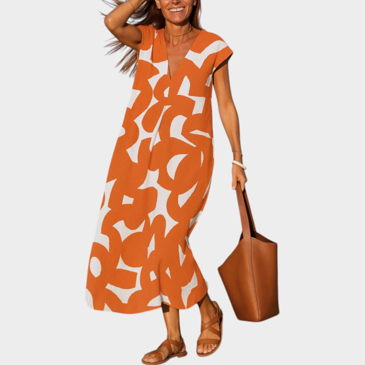 Abstract Print V-Neck Midi Dress