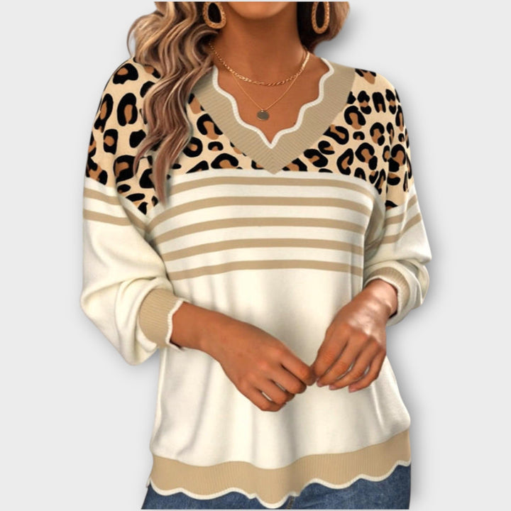 V-Neck Sweater with Leopard Knit Design