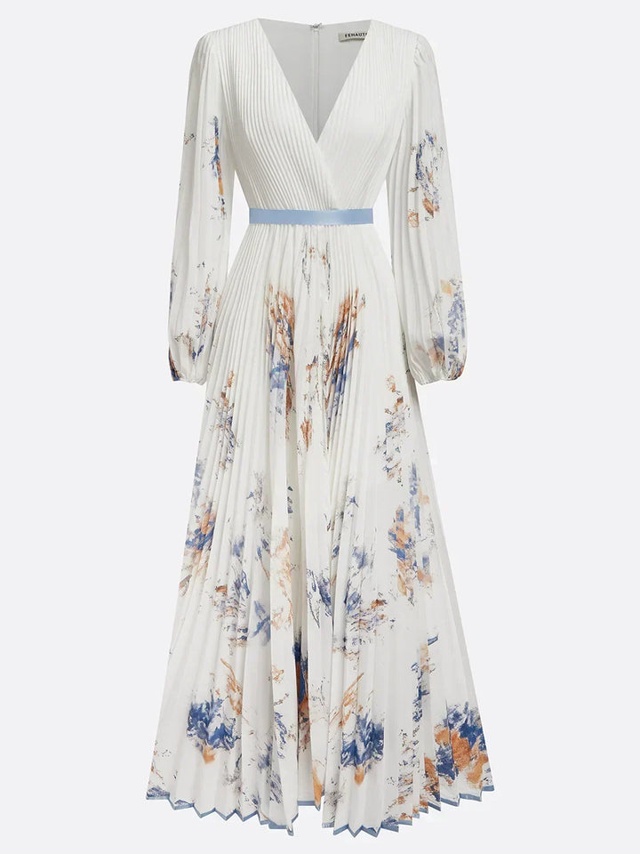Long Dress with Puff Sleeves and V-Neck