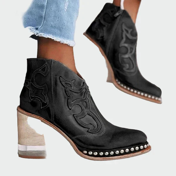 Embroidered Leather Ankle Boots
