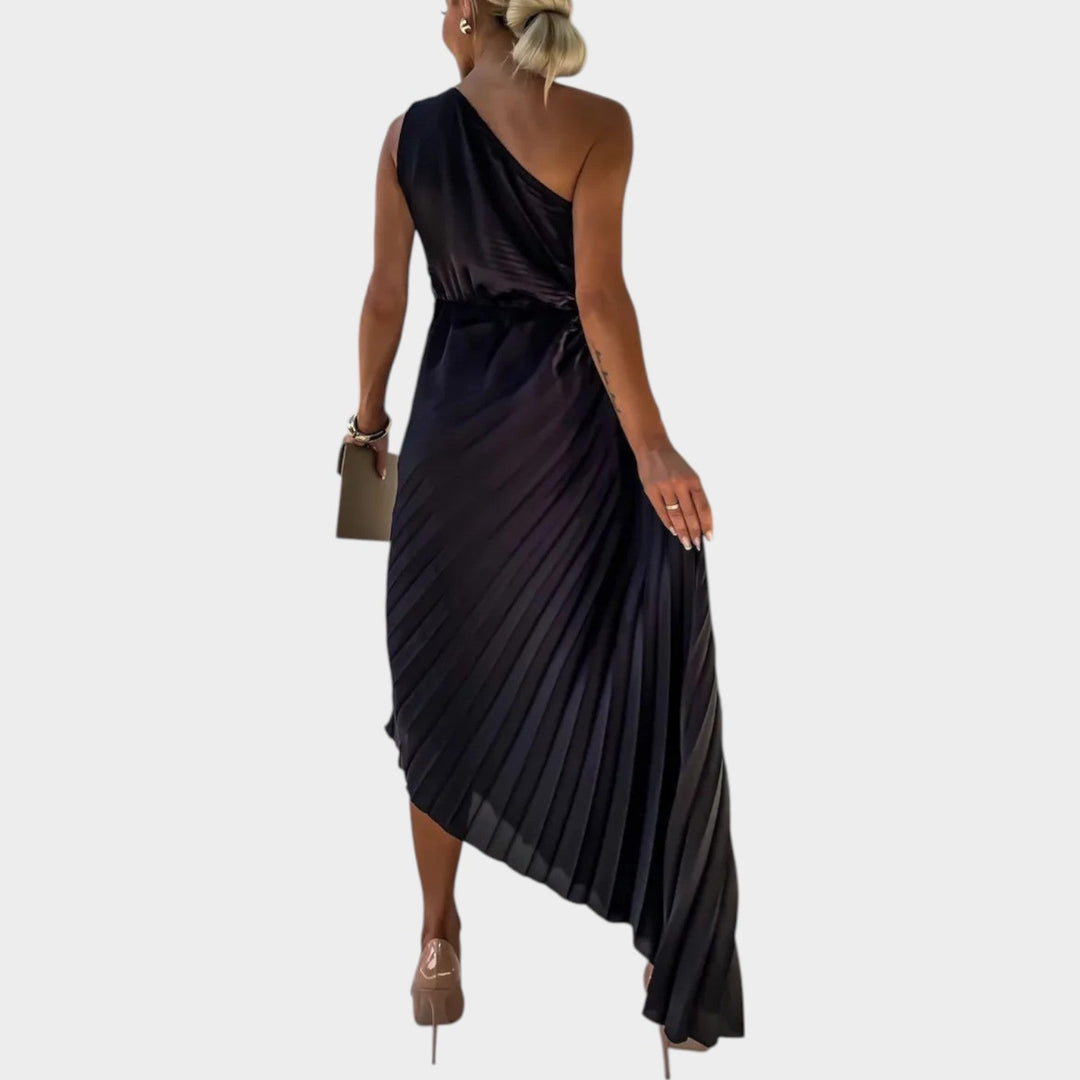 One-Shoulder Pleated Satin Dress