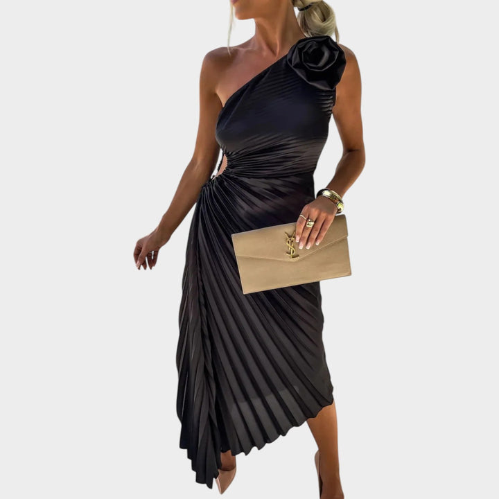 One-Shoulder Pleated Satin Dress