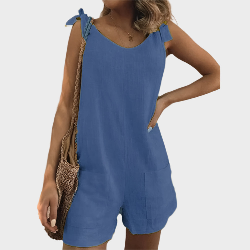 Full-Length Jumpsuit with Straps-Bow and Pockets
