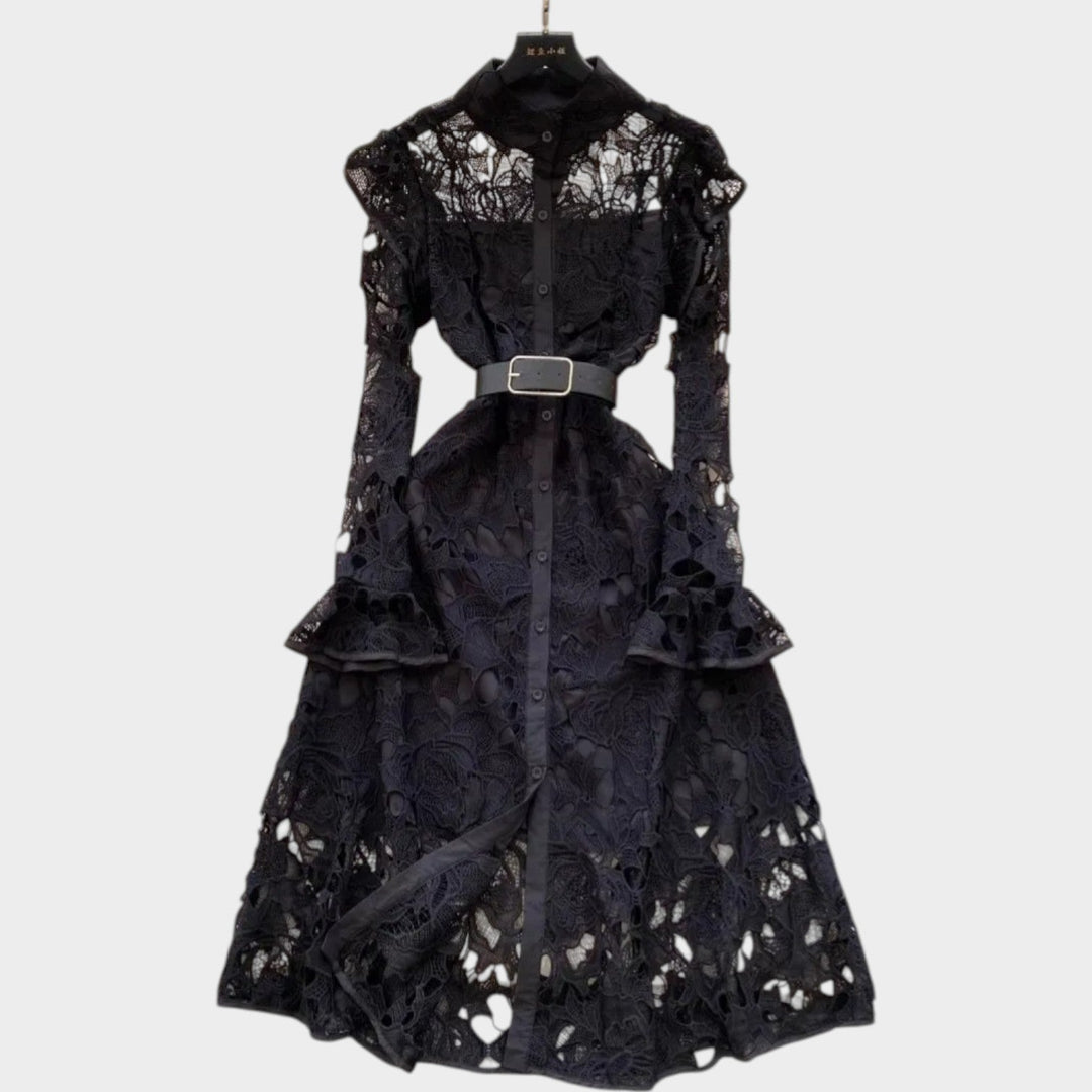 Belted Floral Lace Midi Dress