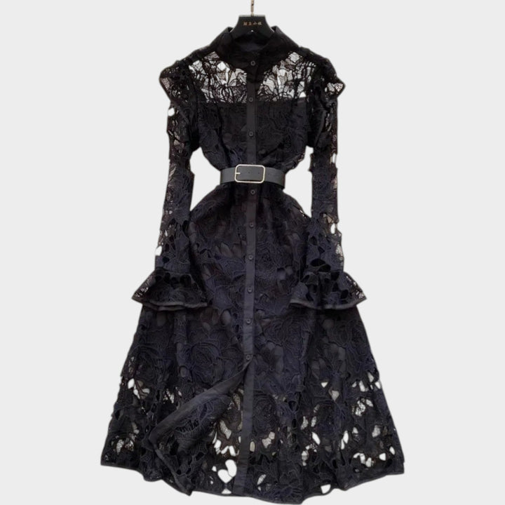 Belted Floral Lace Midi Dress
