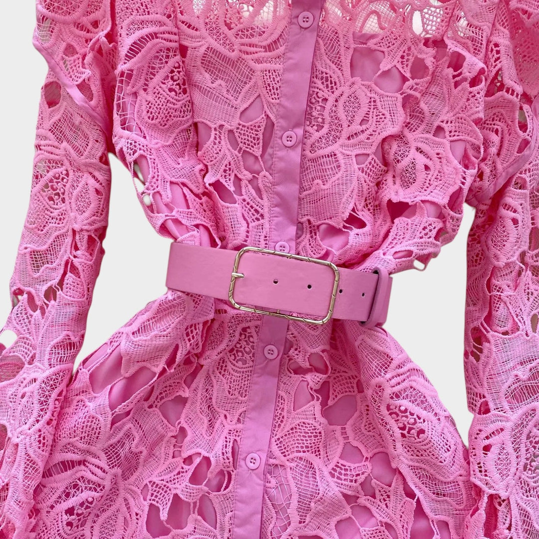 Belted Floral Lace Midi Dress