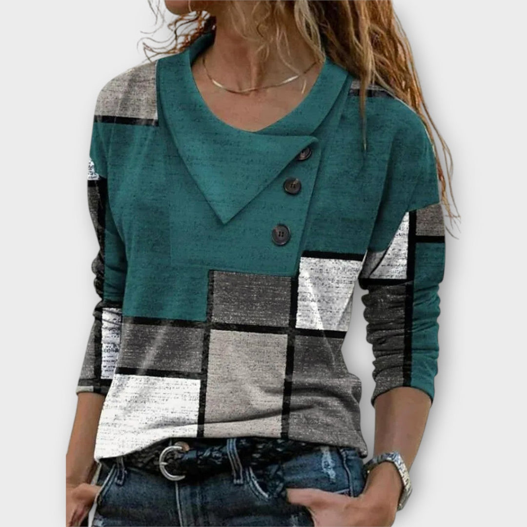 Unique Asymmetrical Button Patchwork Blouse