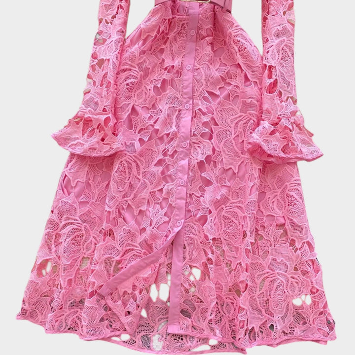 Belted Floral Lace Midi Dress
