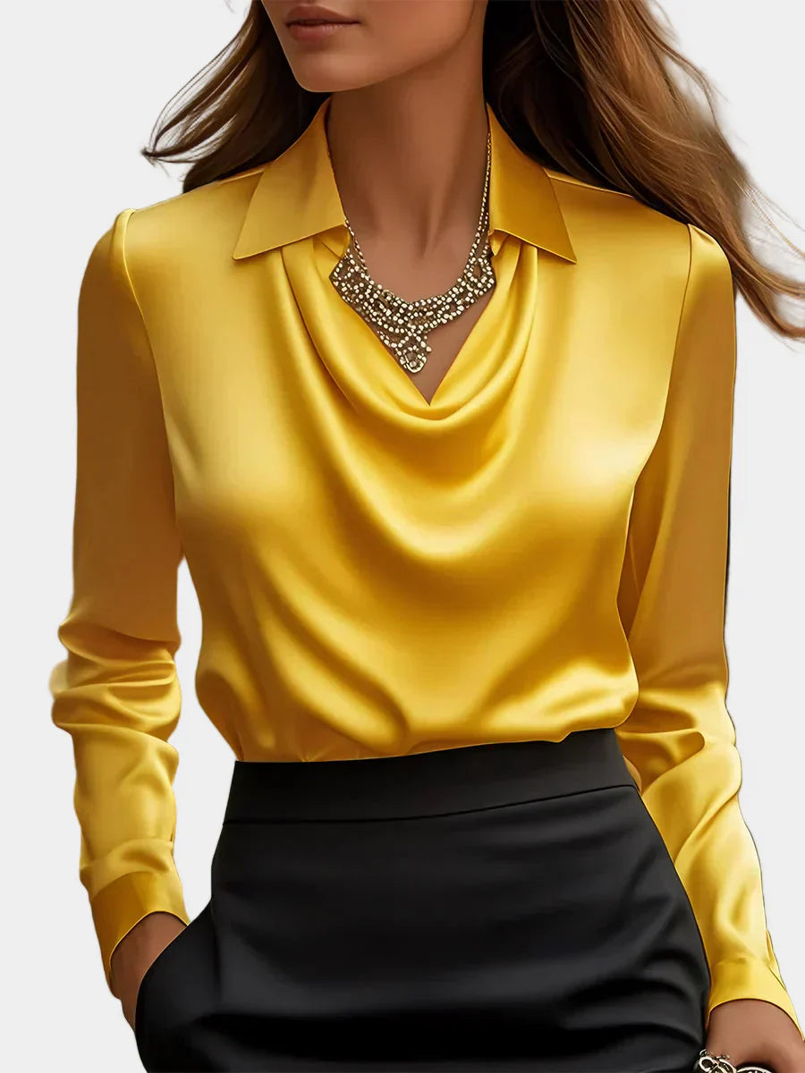 Elegant White Satin Blouse with Draped Neckline