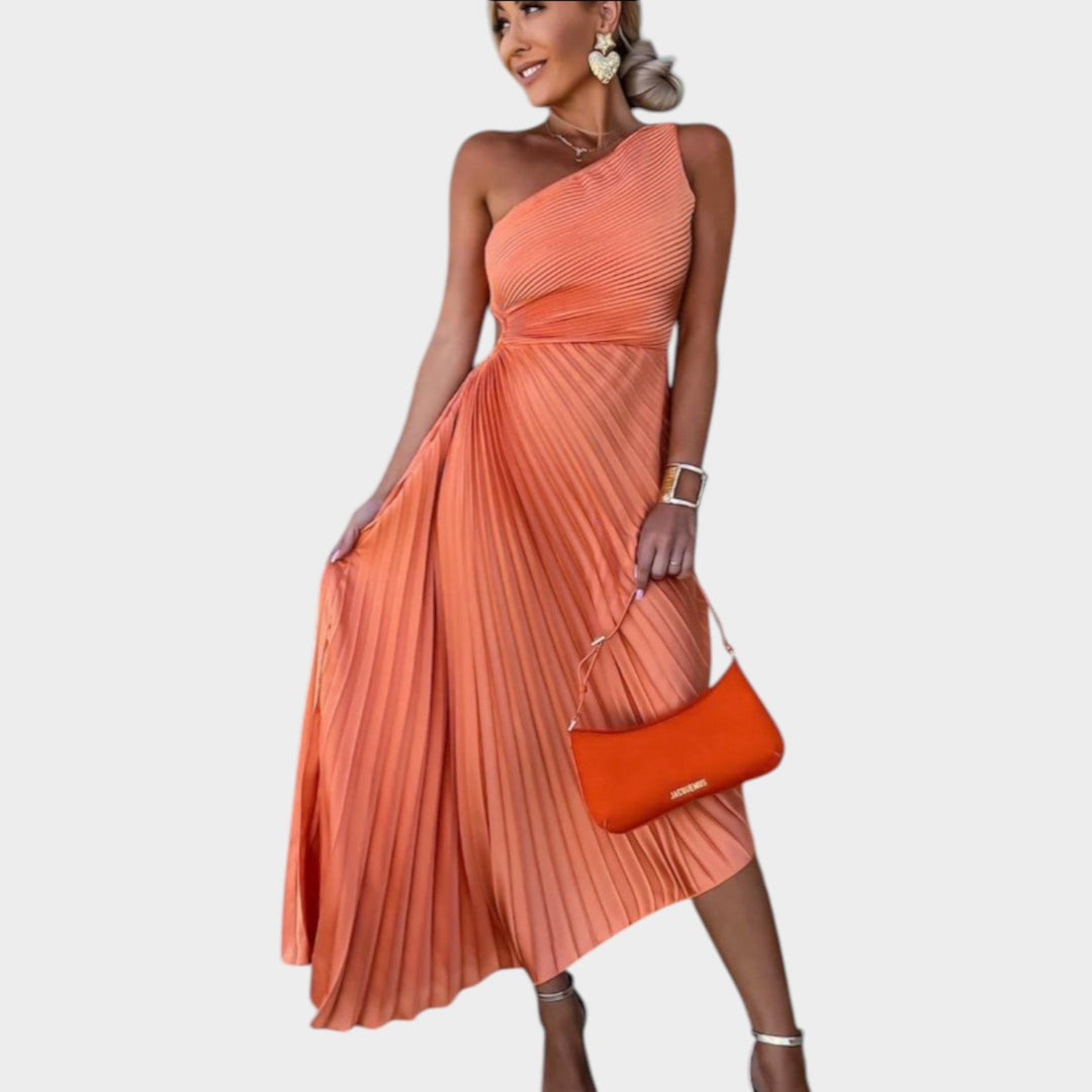 One-Shoulder Pleated Midi Dress