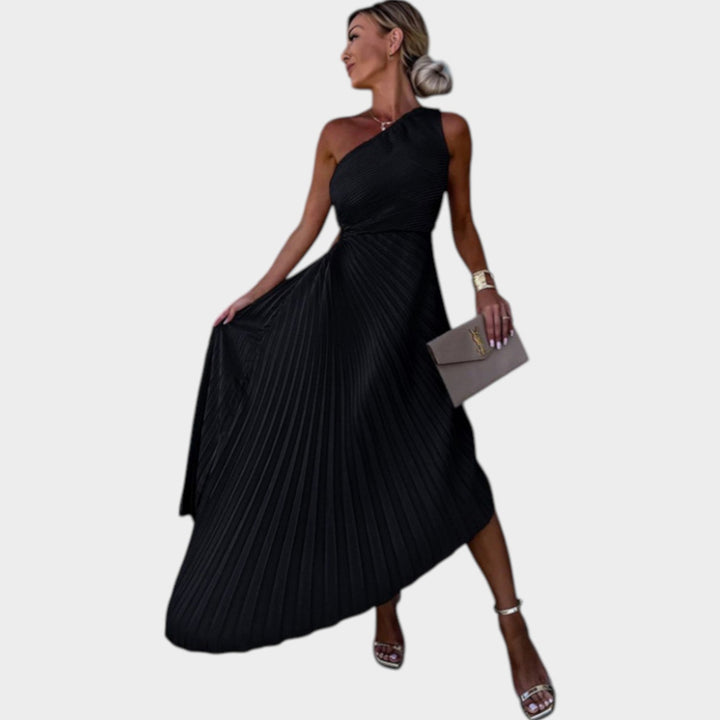 One-Shoulder Pleated Midi Dress
