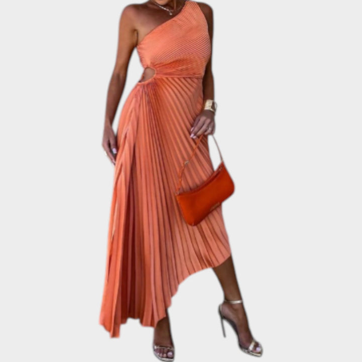 One-Shoulder Pleated Midi Dress