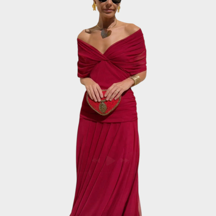 Off-Shoulder Ruched Midi Dress