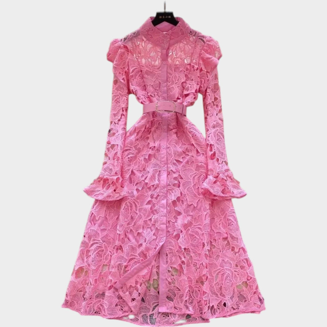 Belted Floral Lace Midi Dress