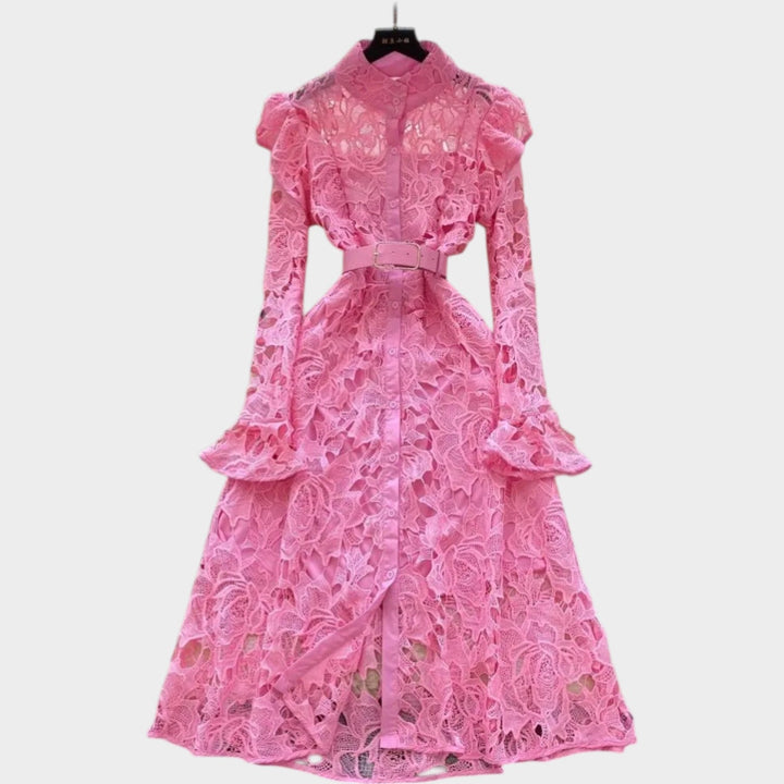 Belted Floral Lace Midi Dress