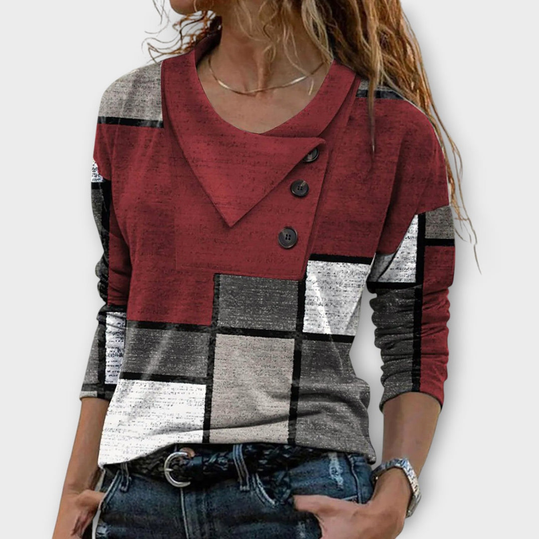 Unique Asymmetrical Button Patchwork Blouse