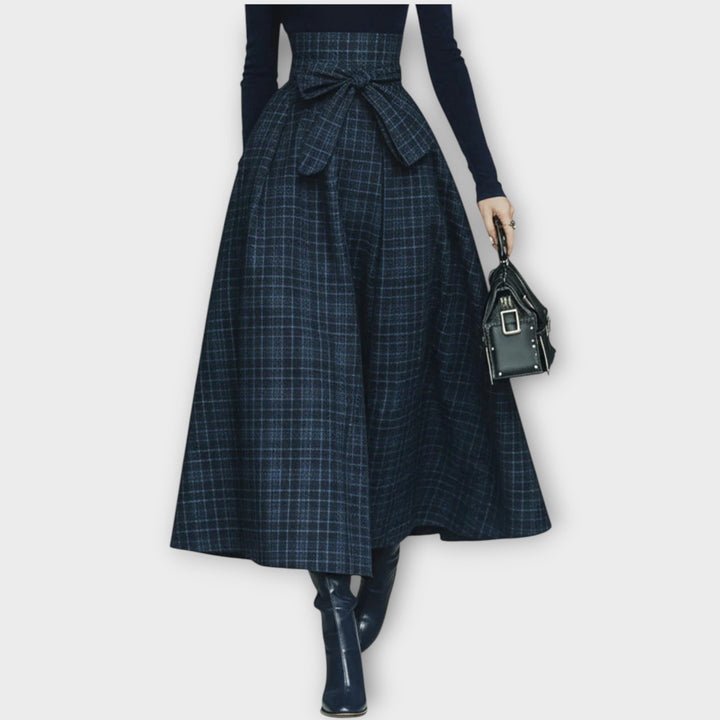 Elegant High-Waist Knit & Plaid Maxi Dress