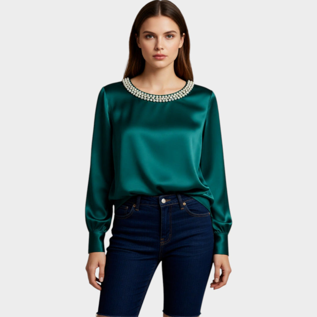 Satin Pearl-Trim Blouse
