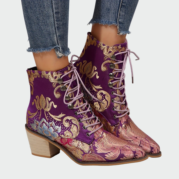 Floral Embellished Leather Ankle Boots