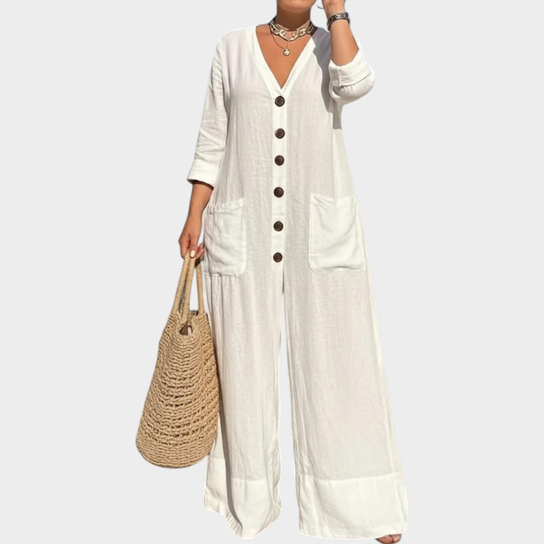 Relaxed Button-Front Wide-Leg Jumpsuit