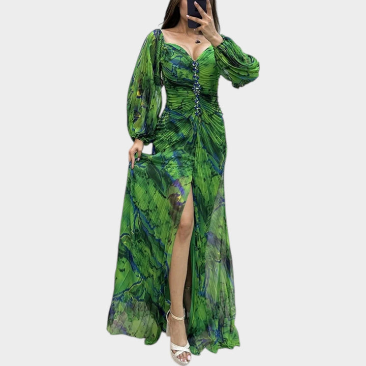 Ruched Long-Sleeve Split Maxi Dress