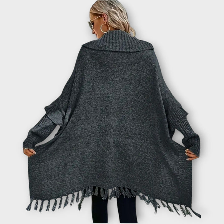 Fringed Oversized Turtleneck Poncho Sweater