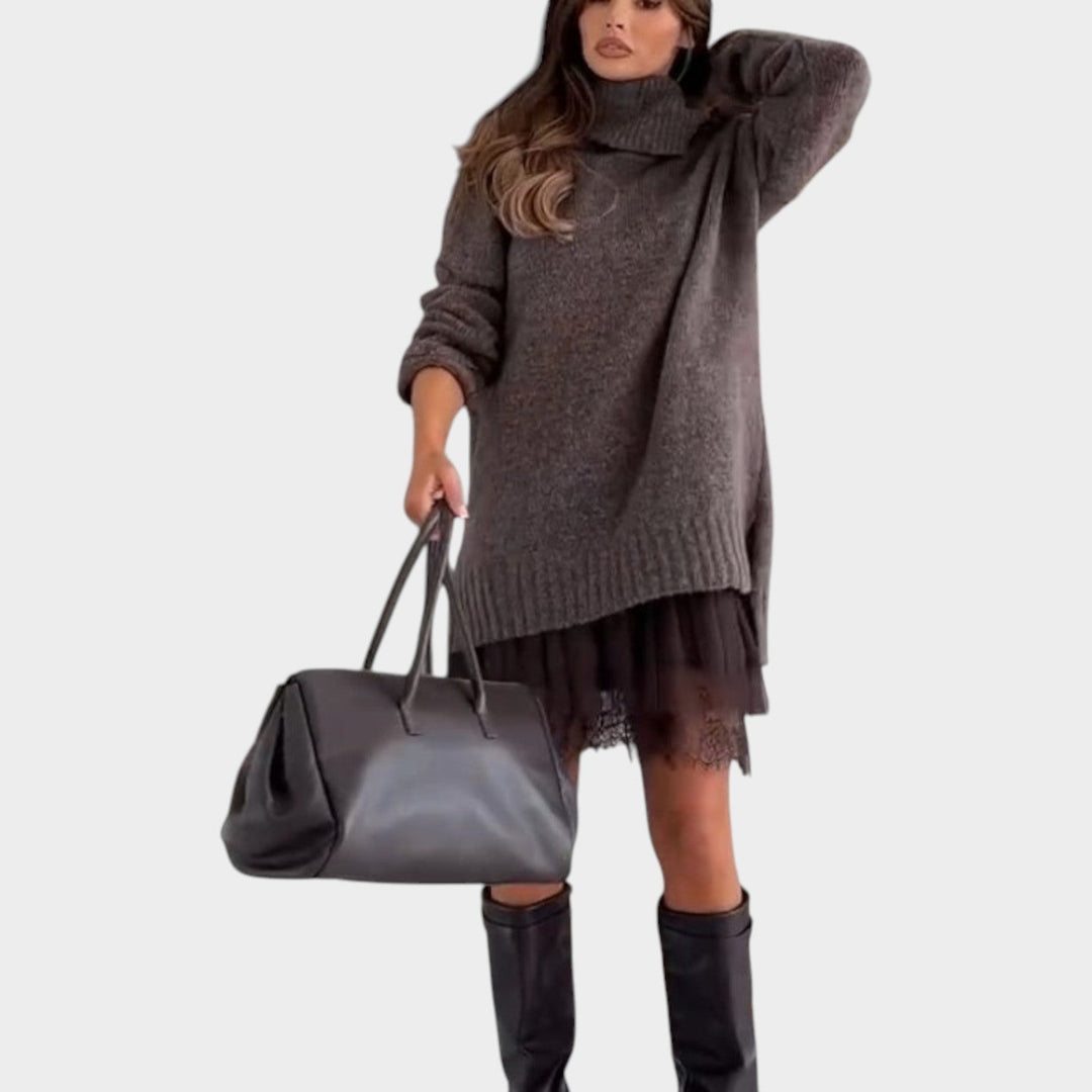 Chunky Knit Sweater Dress Featuring a Lace Hem